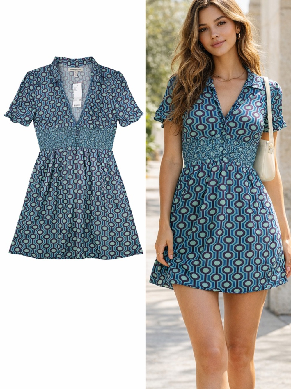 Urban Outfitters Retro Print‎ Mini Dress Smocked Waist Blue Purple L